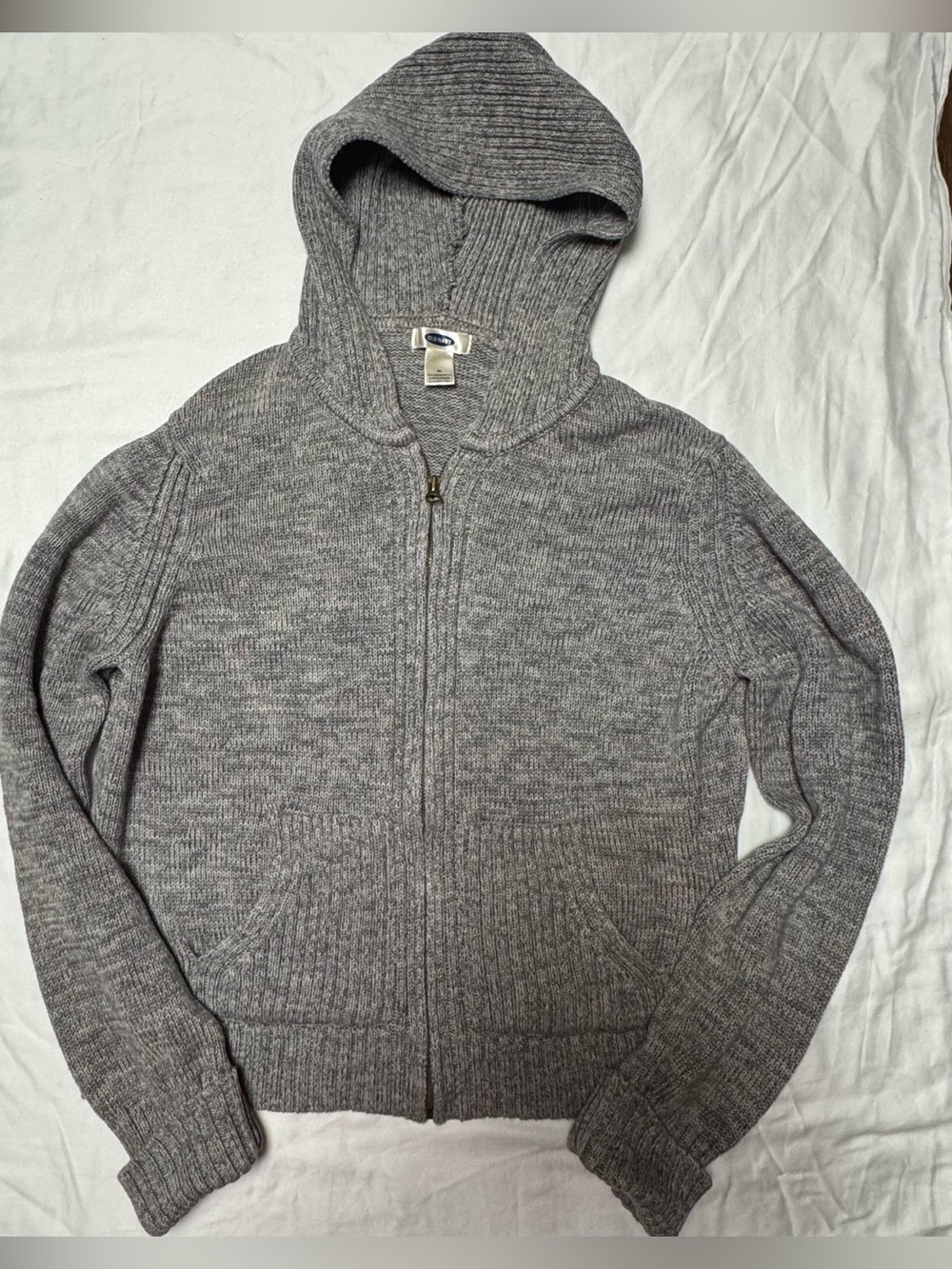 Old Navy Gray Hooded Zip Cable Knit Sweater